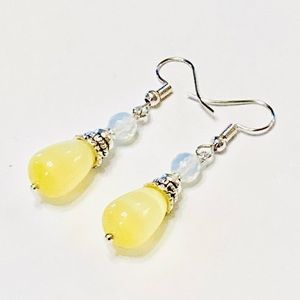 Light Yellow Cats Eye & Opalite Crystal Earrings